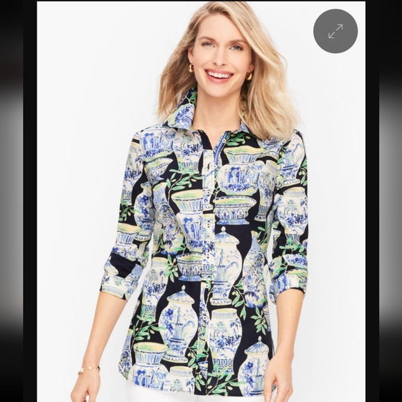Talbots 100% Cotton Watercolor Color Vases Button Front Shirt - Picture 2 of 13